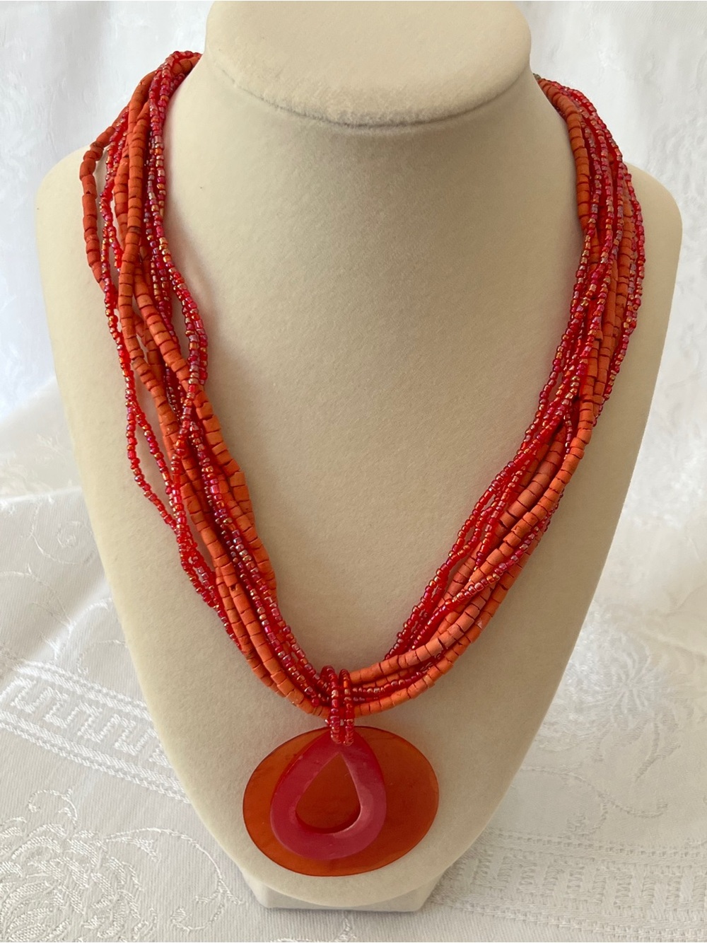 Vintage Coldwater Creek Orange and Red Multi-Strand Bead Necklace with Pendant - Picture 2 of 8